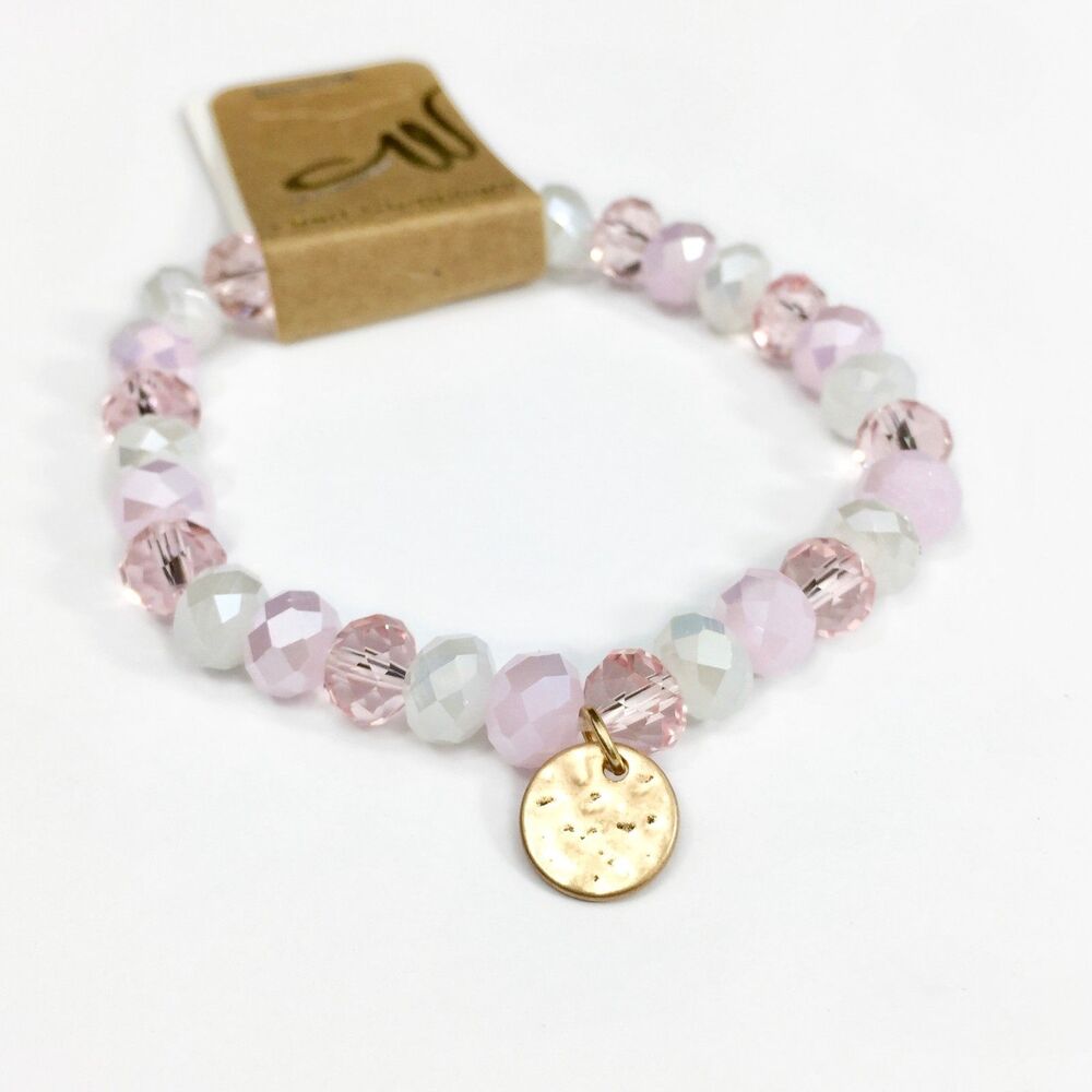 Faceted Beaded Stretch Bracelet Gold Charm